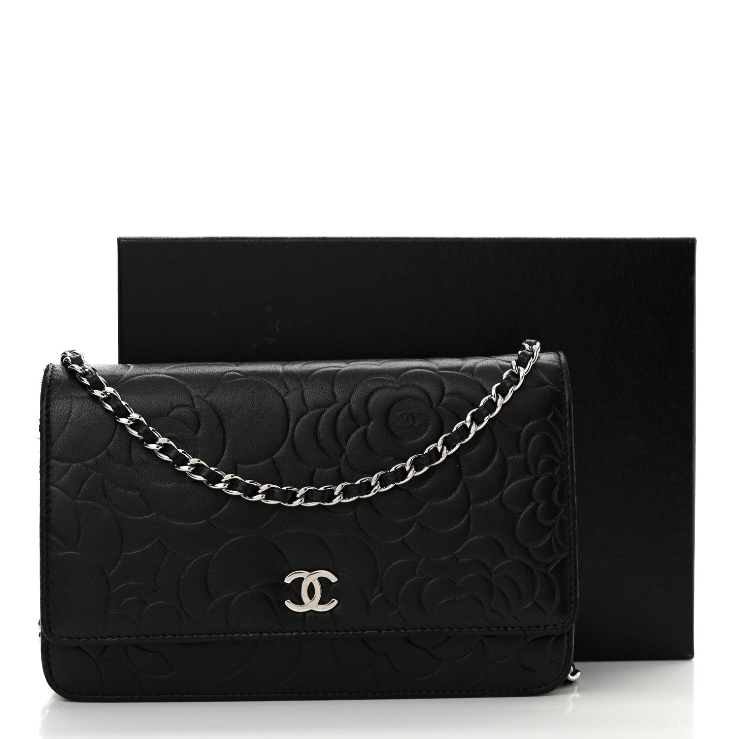 Chanel Lambskin Camellia Embossed Wallet on Chain WOC Black 15 of 15