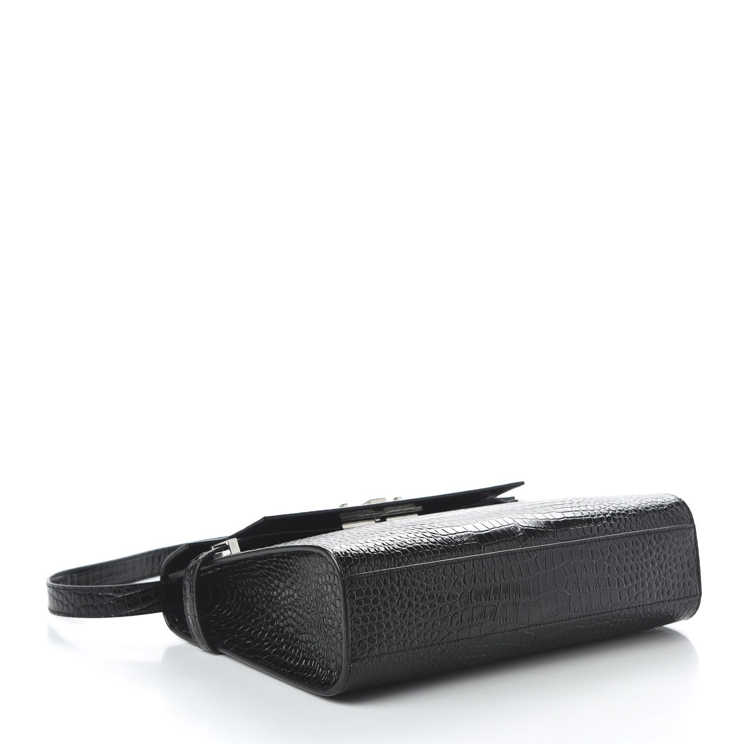 Saint Laurent Shiny Calfskin Crocodile Embossed Manhattan Baguette Black 4 of 9