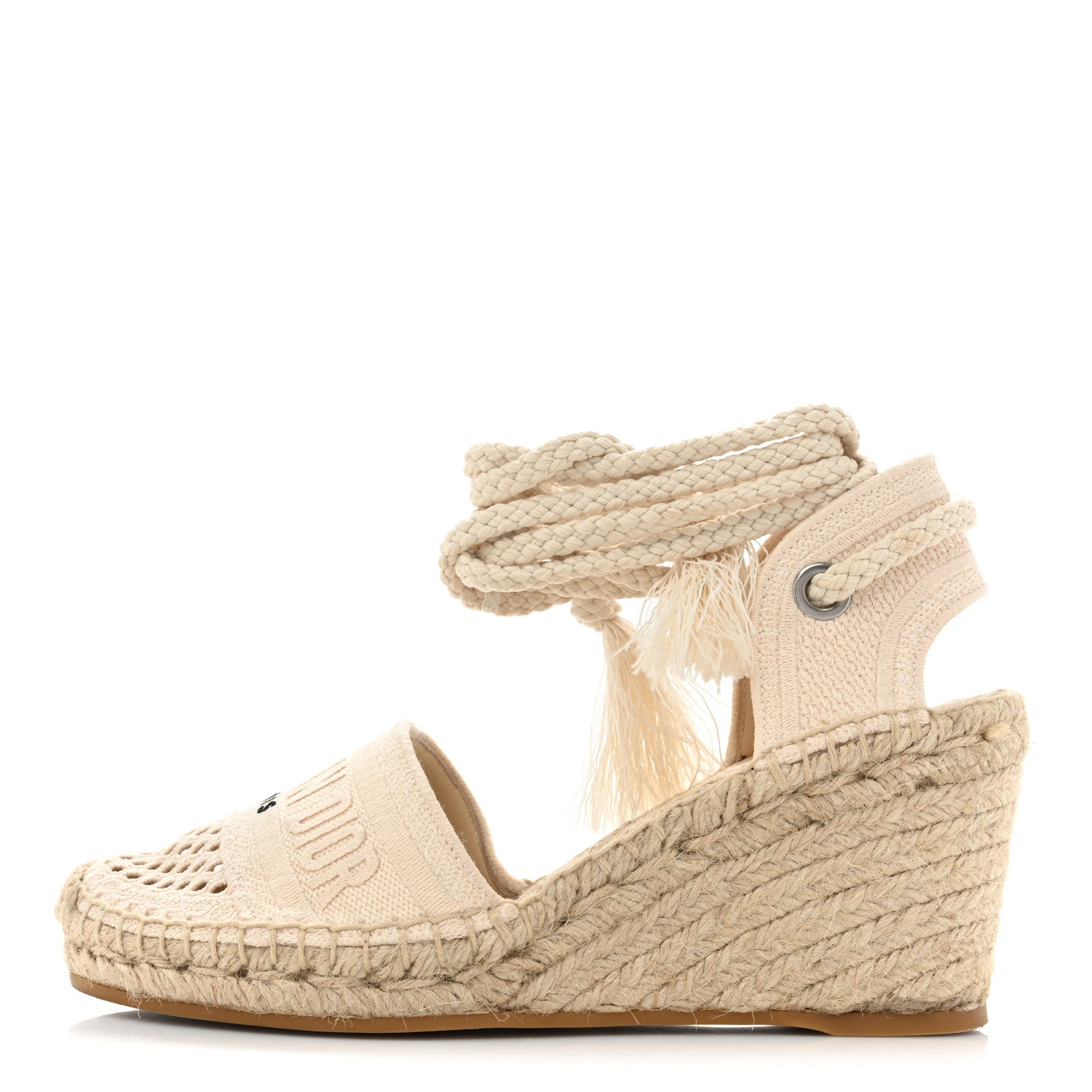 Christian Dior Canvas Embroidered Granville Ankle Tie Espadrille Wedges 38 Cream 1 of 11