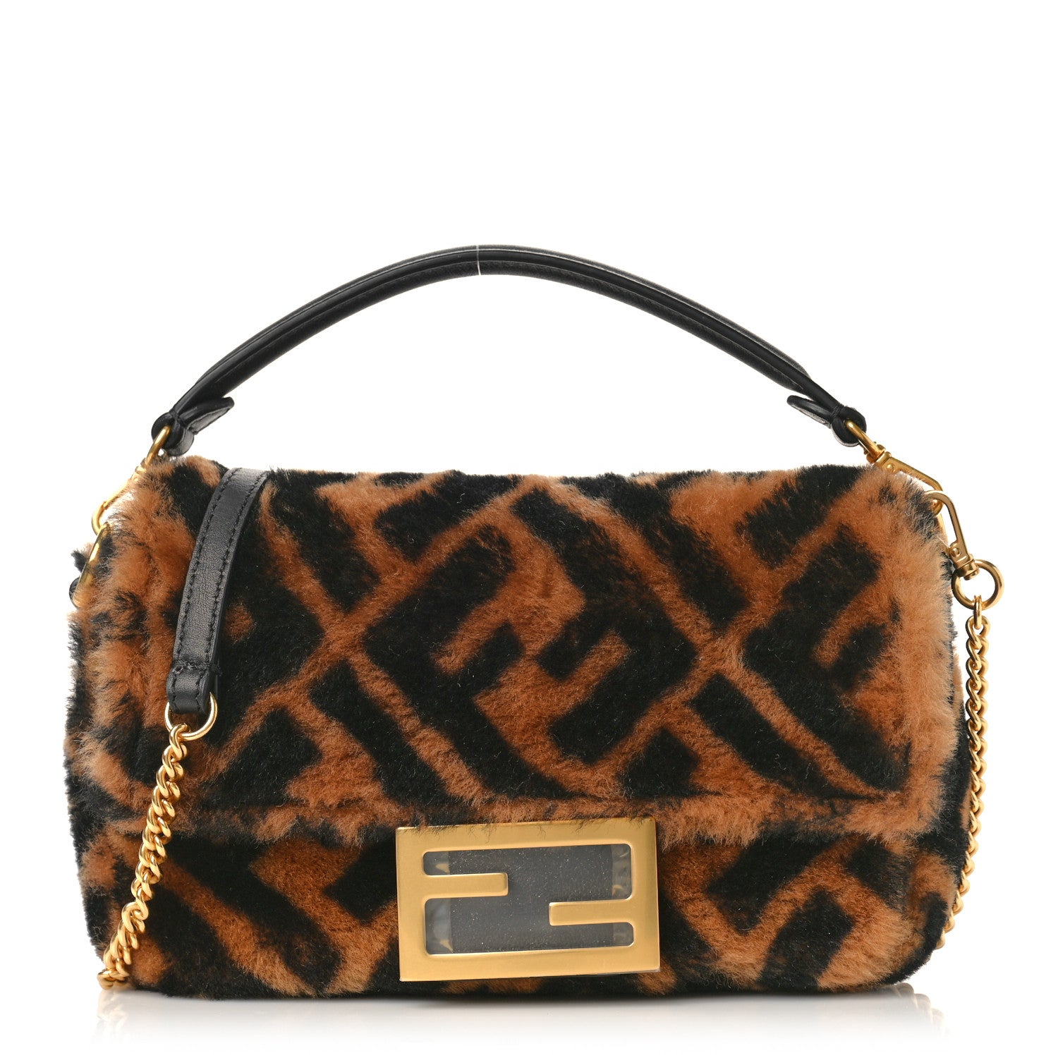 Fendi Shearling Vitello Dolce Macro FF 1974 Mini Baguette Tobacco Black 1 of 8