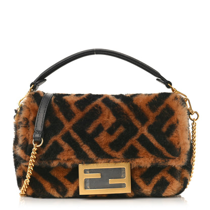 Fendi Shearling Vitello Dolce Macro FF 1974 Mini Baguette Tobacco Black 1 of 8