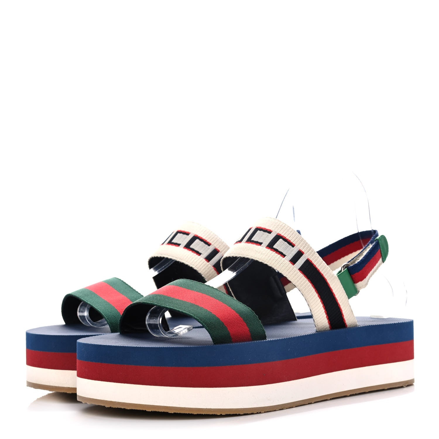 Gucci Nylon Stripe Logo Sylvie Web Platform Slingback Sandals 39 Green Red Ecru 3 of 10