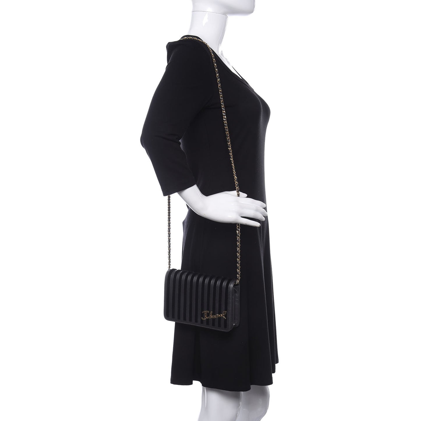 Iridescent Calfskin Velvet Stripe Wallet On Chain WOC Charcoal