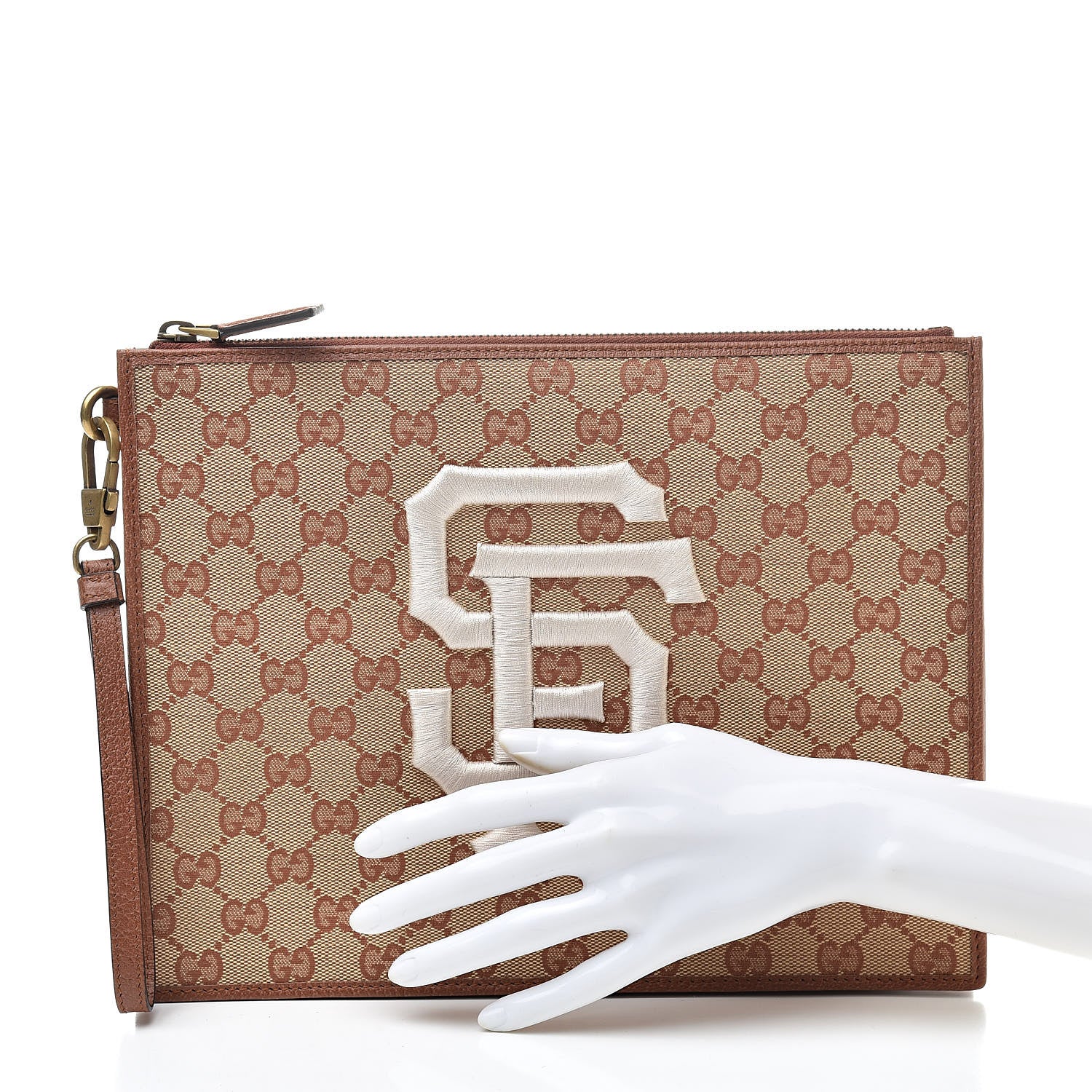 Gucci X MLB GG Monogram SF Giants Zip Wristlet Pouch Beige Ruggine Ivory 2 of 7