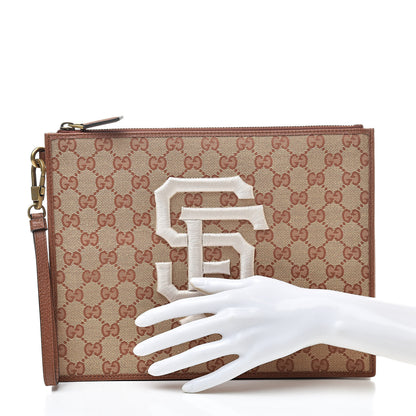 Gucci X MLB GG Monogram SF Giants Zip Wristlet Pouch Beige Ruggine Ivory 2 of 7