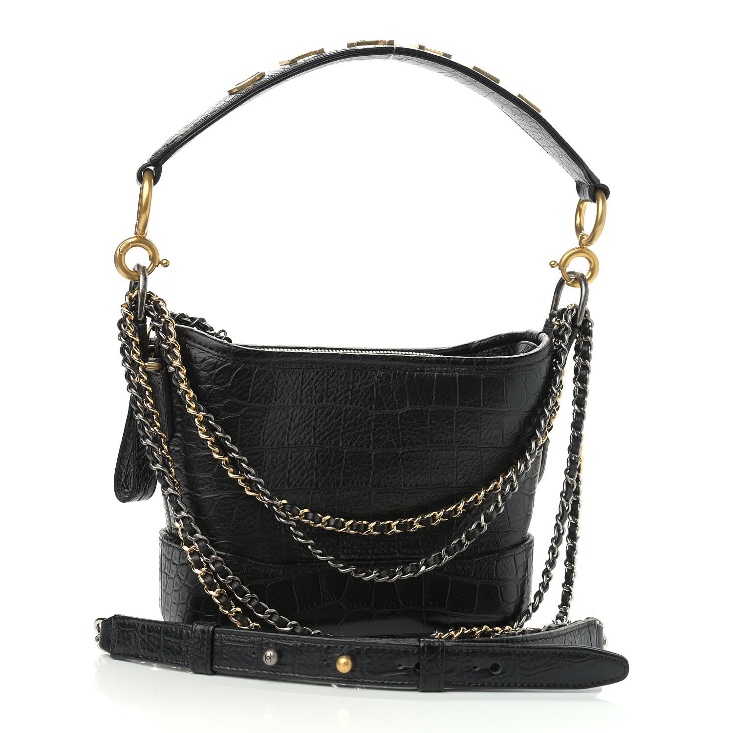 Chanel Calfskin Crocodile Embossed Small Gabrielle Cocodile Hobo Black 3 of 11