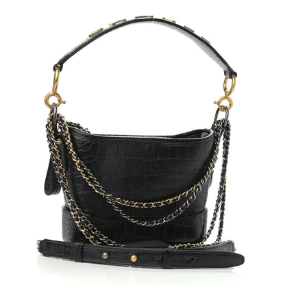 Chanel Calfskin Crocodile Embossed Small Gabrielle Cocodile Hobo Black 3 of 11