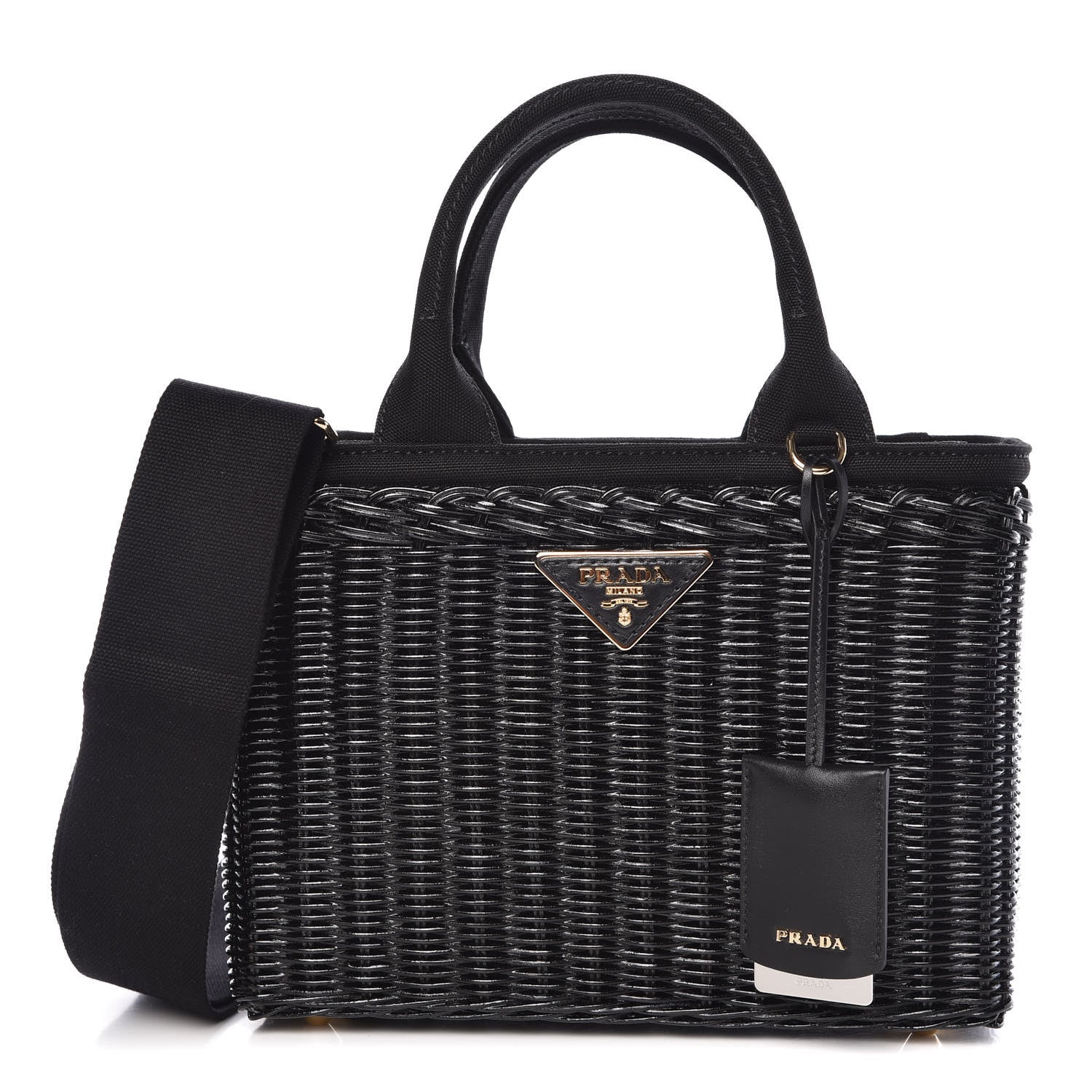 Prada Wicker Canvas Shoulder Bag Black 1 of 8