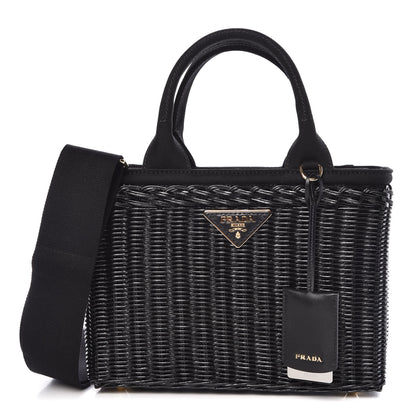 Prada Wicker Canvas Shoulder Bag Black 1 of 8