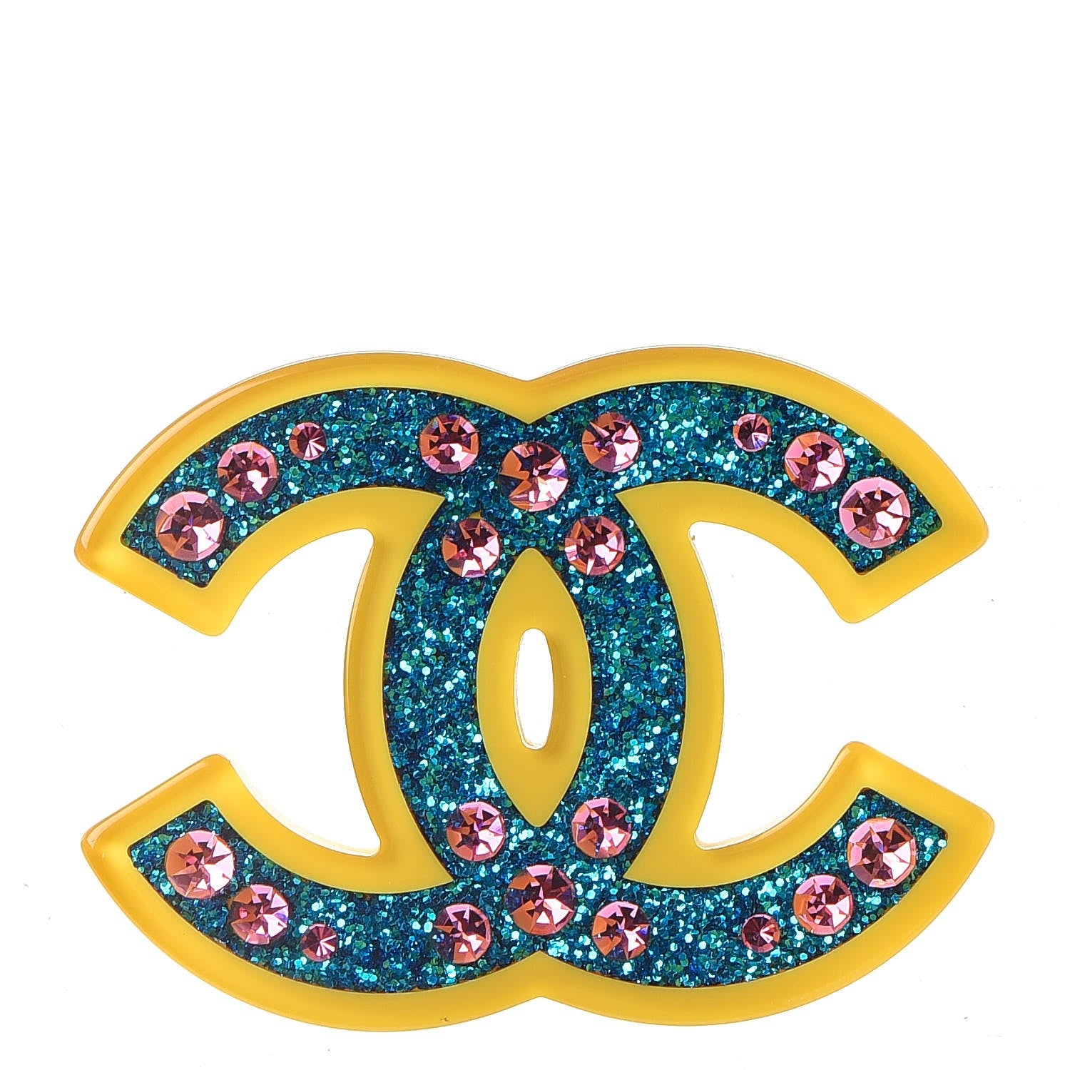 Chanel Resin Glitter Crystal CC Brooch Yellow Blue 1 of 5