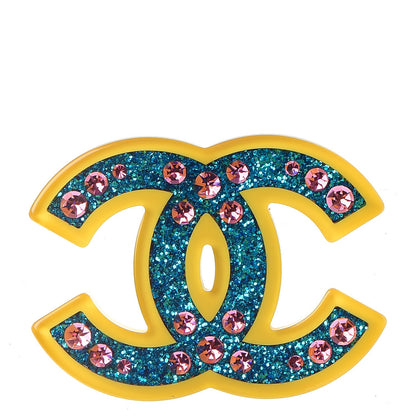 Chanel Resin Glitter Crystal CC Brooch Yellow Blue 1 of 5