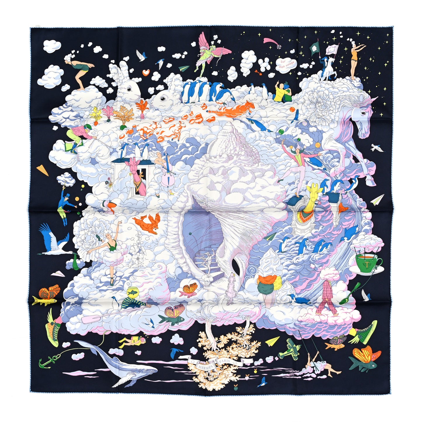 Silk Sur Mon Nuage Scarf 90 Bleu Black Mauve Multicolor