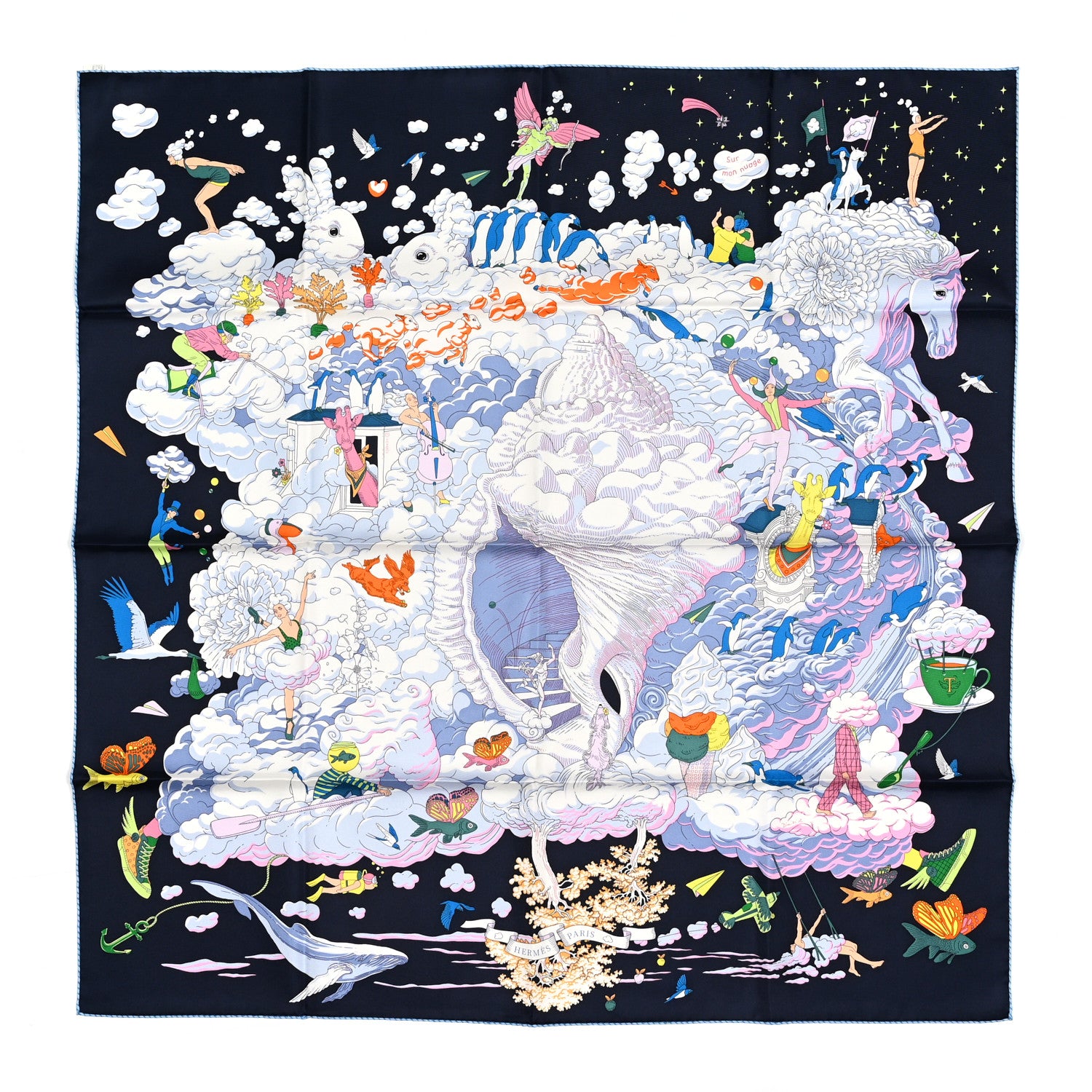 Hermes Silk Sur Mon Nuage Scarf 90 Bleu Black Mauve Multicolor 1 of 5