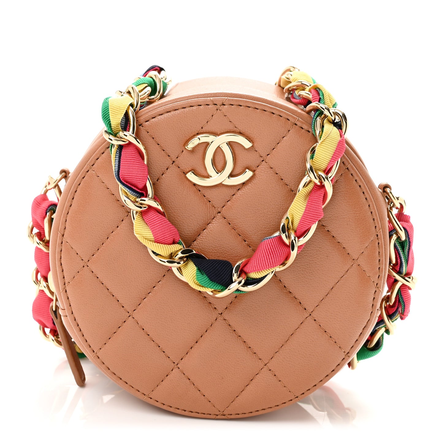 Shiny Lambskin Ribbon Quilted Round Clutch With Chain Brown