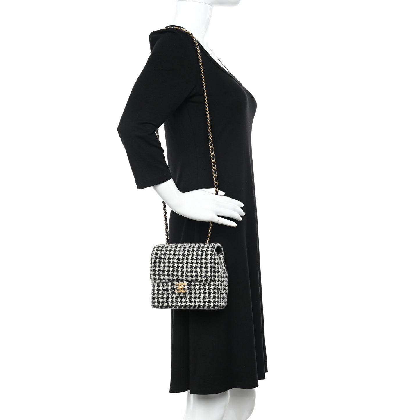Tweed Houndstooth Quilted Mini Square Flap White Black