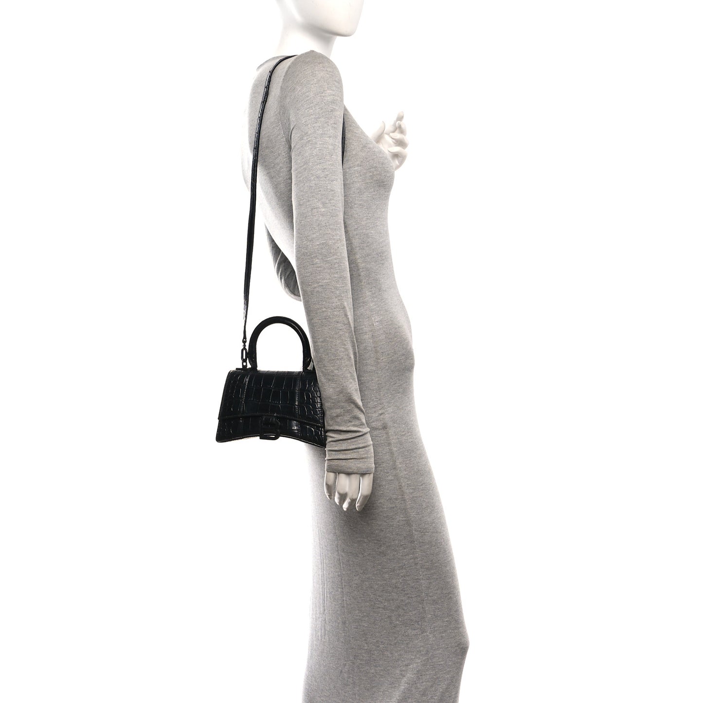 Shiny Calfskin Monochrome Crocodile Embossed Hourglass Top Handle Bag XS Black