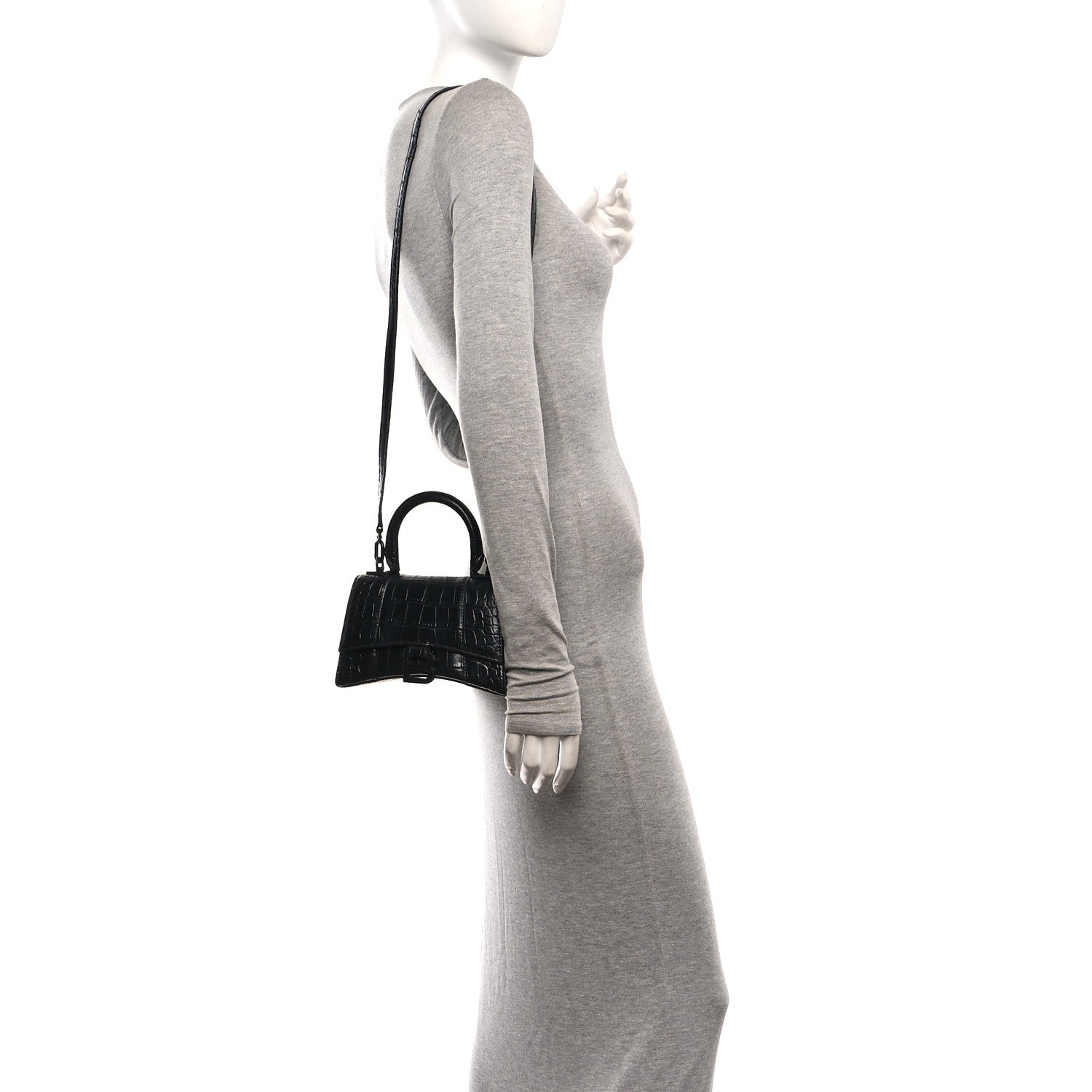 Balenciaga Shiny Calfskin Monochrome Crocodile Embossed Hourglass Top Handle Bag XS Black 2 of 17