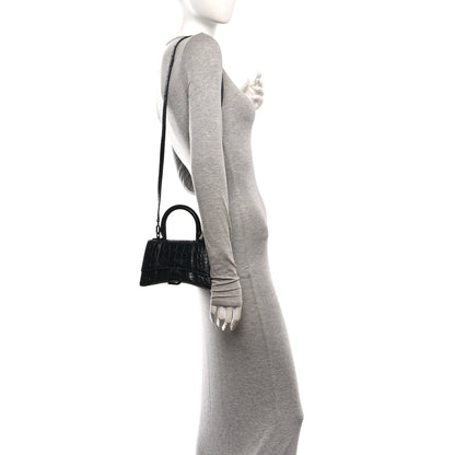 Balenciaga Shiny Calfskin Monochrome Crocodile Embossed Hourglass Top Handle Bag XS Black 2 of 17