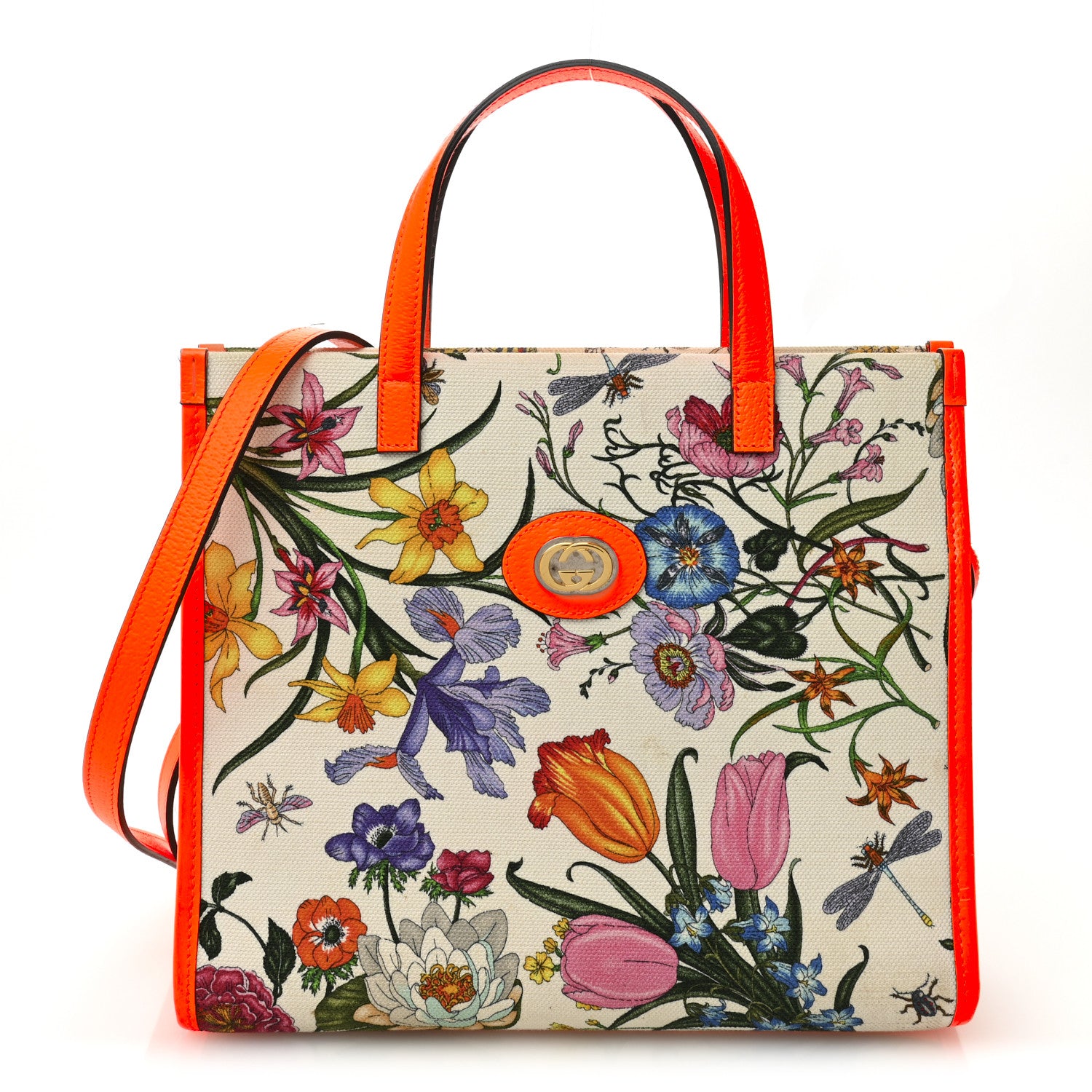 Gucci Canvas Medium Flora Tote White Multicolor Orange Fluo 1 of 11