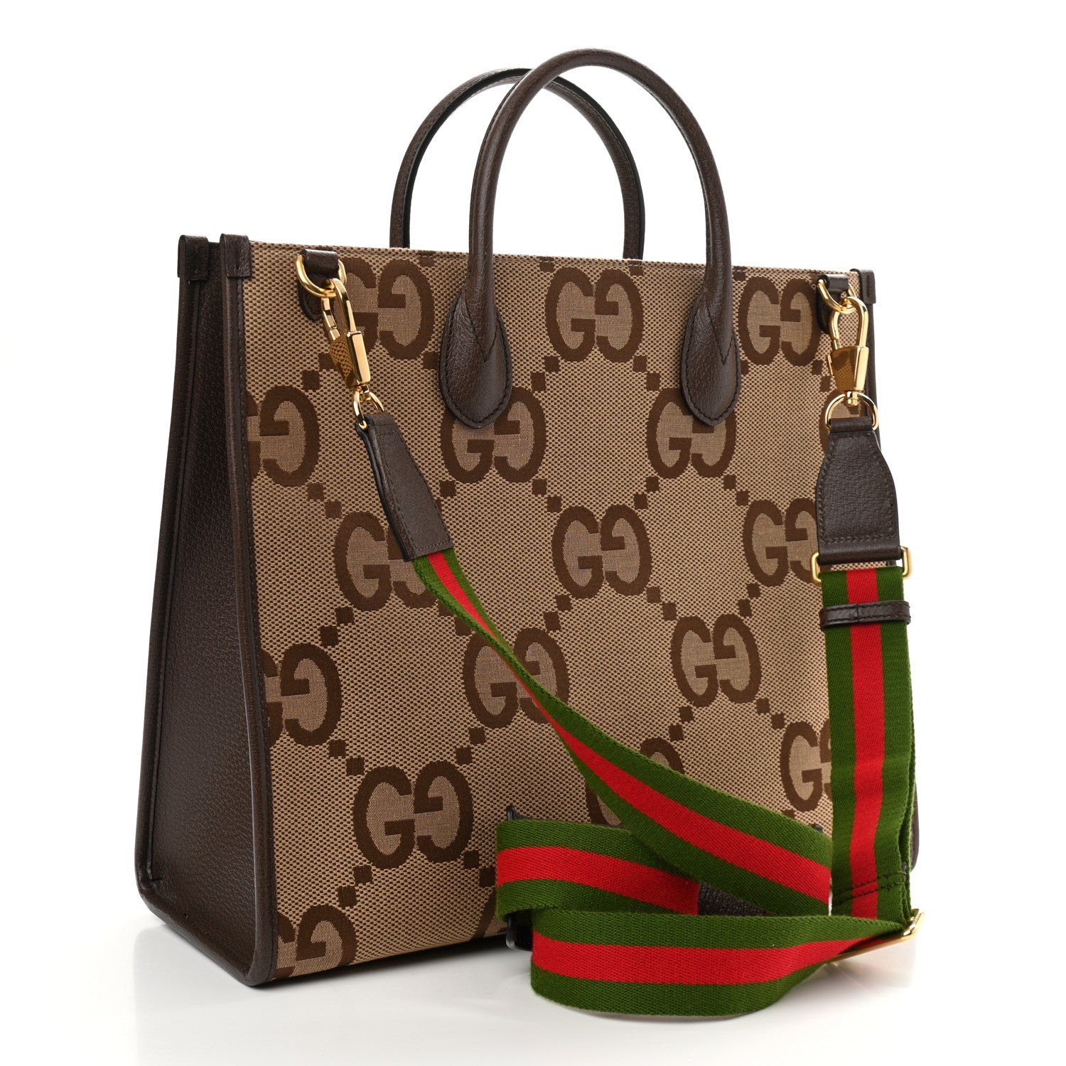 Gucci Monogram Jumbo GG Textured Dollar Calfskin Web Tote Bag Camel Ebony New Acero 3 of 10