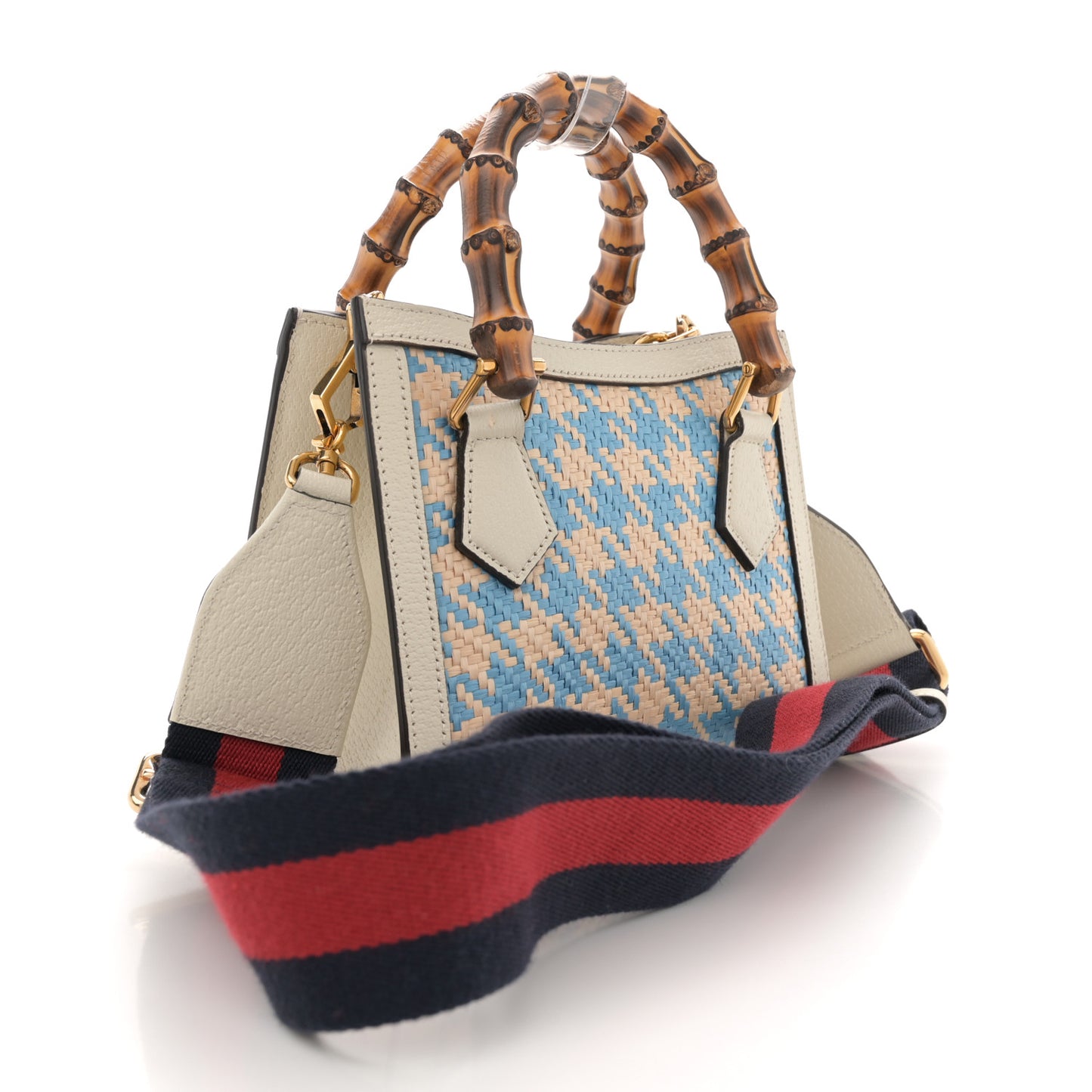 Raffia Textured Dollar Calfskin Web Houndstooth Mini Diana Tote Bag Light Blue Natural Deep Orange