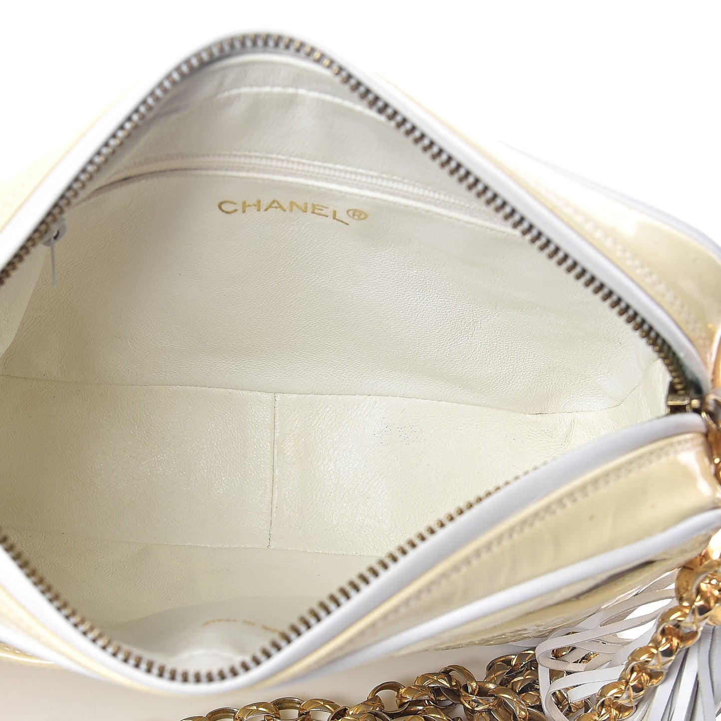 Patent Calfskin Quilted CC Tassel Camera Case White