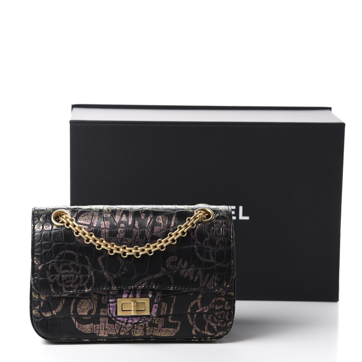 Chanel Calfskin Crocodile Embossed Graffiti 2.55 Mini Cocodile Reissue Flap Black Pink 12 of 12