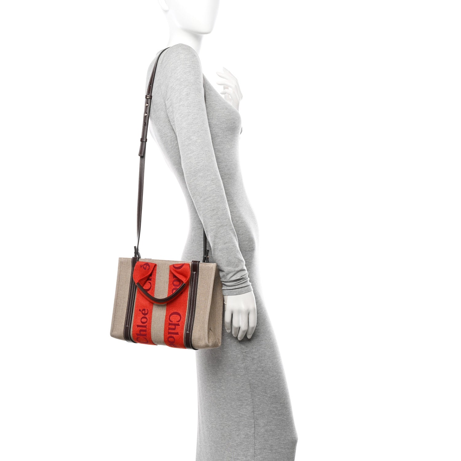 Chloe Cotton Calfskin Small Woody Ribbon Tote With Strap Orange Brown 2 of 17