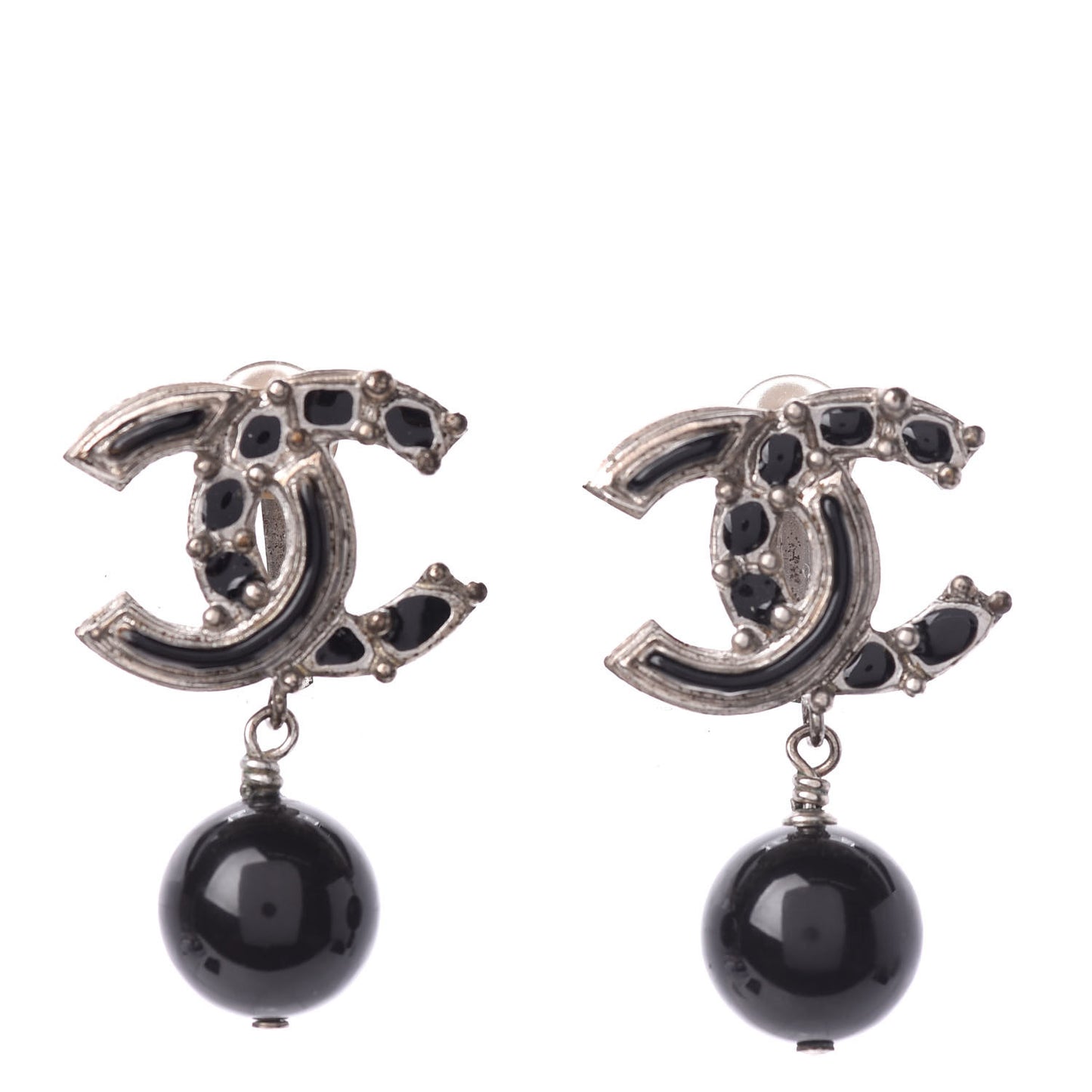 Enamel CC Drop Earrings Silver Black