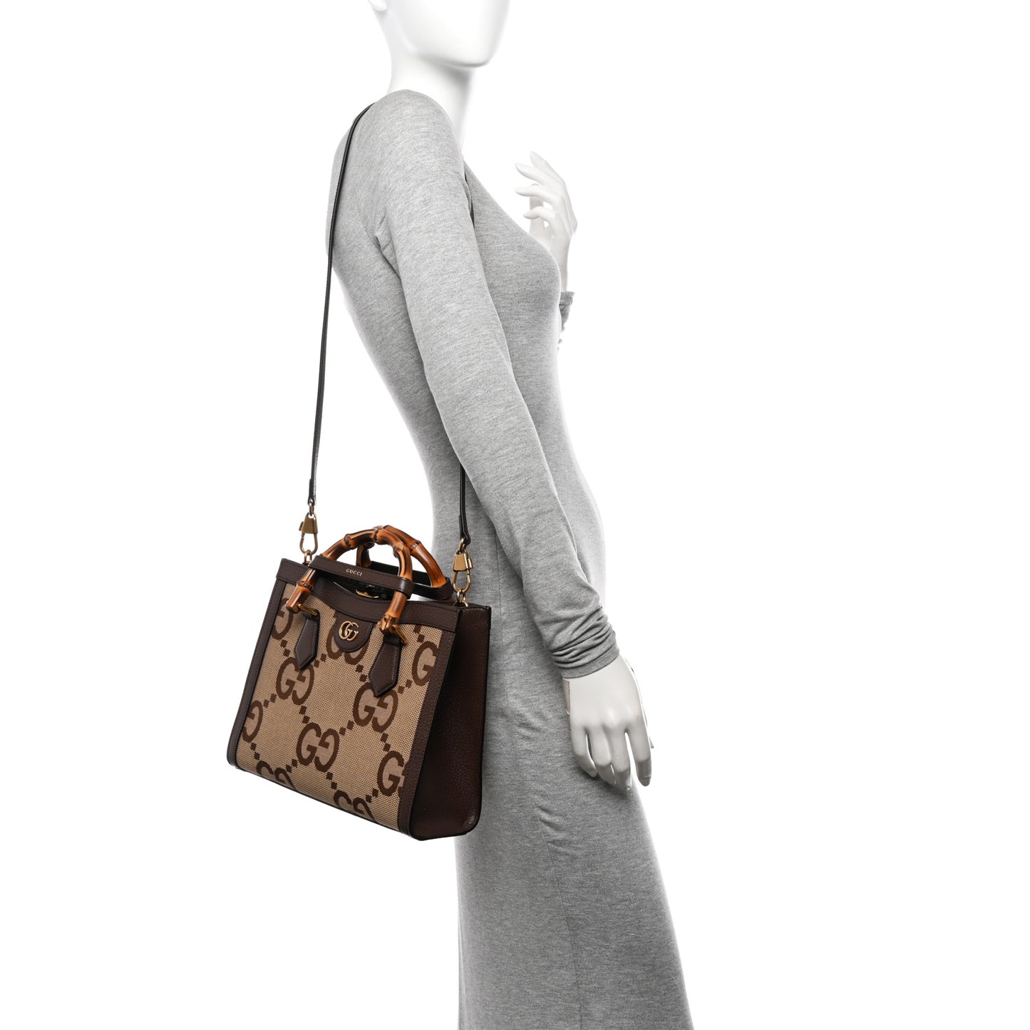 Monogram Jumbo GG Textured Dollar Calfskin Small Diana Tote Bag Camel Ebony New Acero