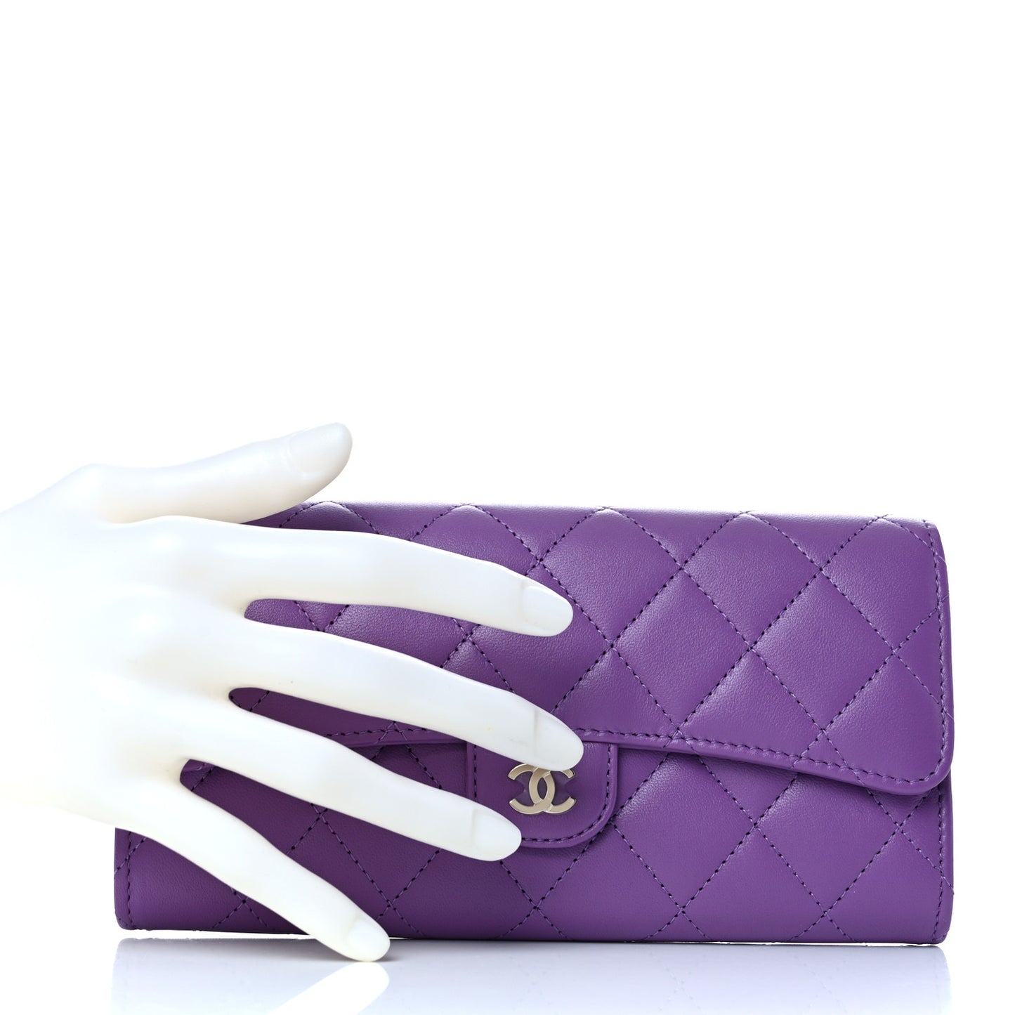 Lambskin Quilted Large Gusset Flap Wallet Purple