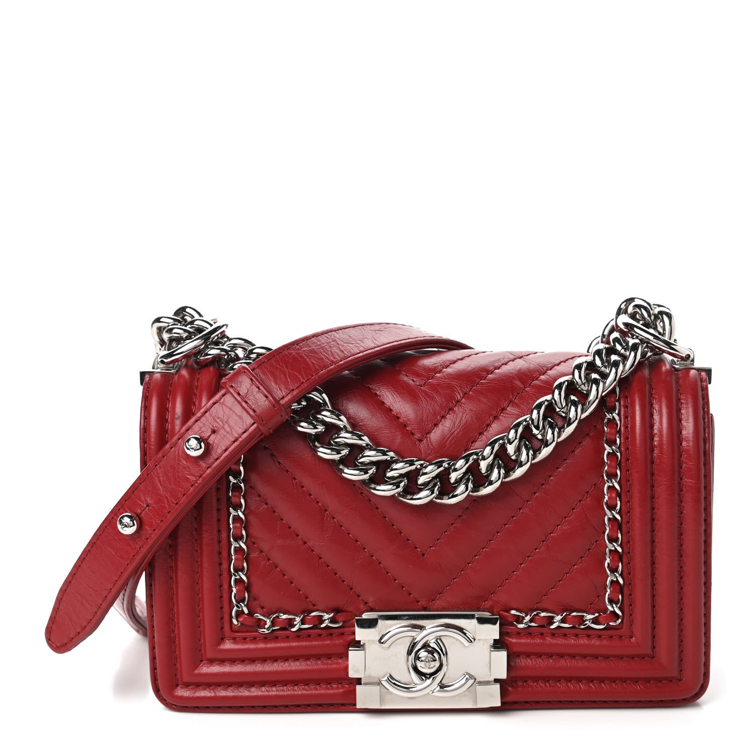 Chanel Aged Calfskin Chevron Small Jacket Boy Flap Red 1 of 11