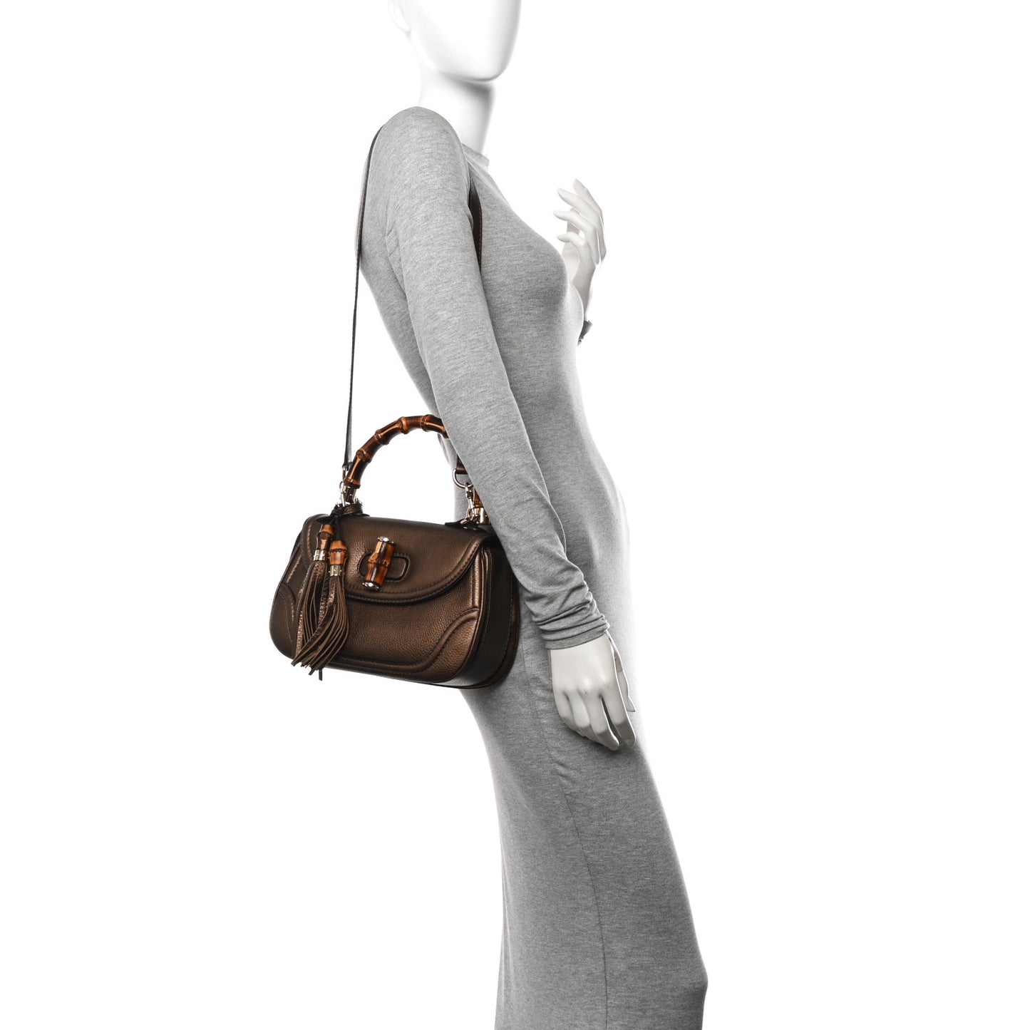 Metallic Calfskin Medium New Bamboo Top Handle Bag Bronze