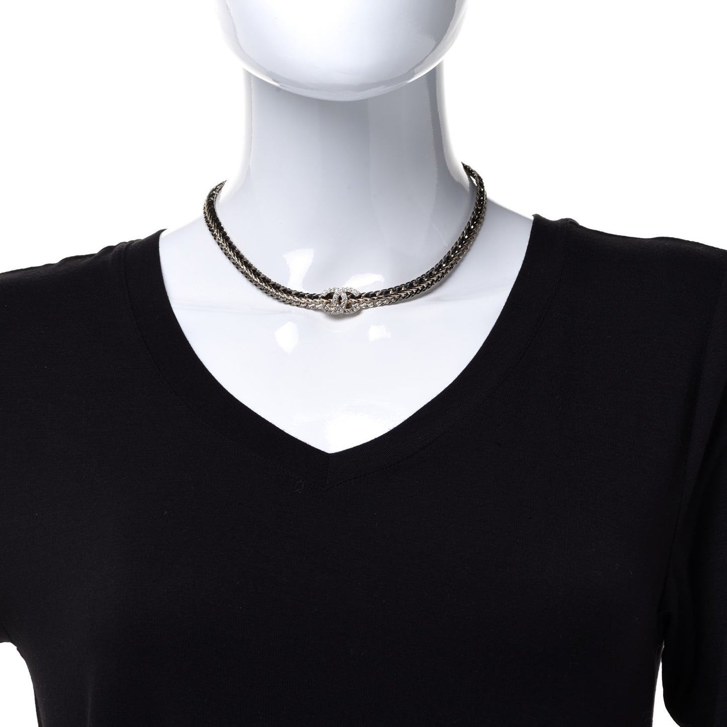 Metal Lambskin Crystal Chain CC Necklace Black Gold