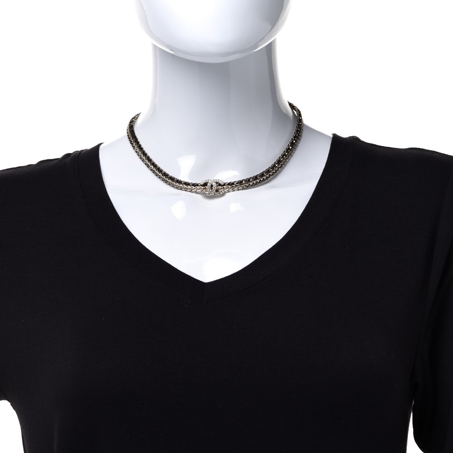 Chanel Metal Lambskin Crystal Chain CC Necklace Black Gold 2 of 6