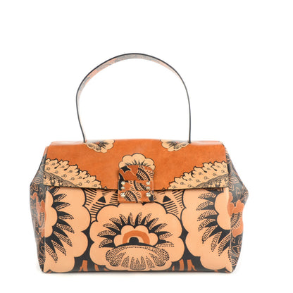 Valentino Garavani Calfskin Floral Print Mime Single Handle Bag Brown 1 of 8