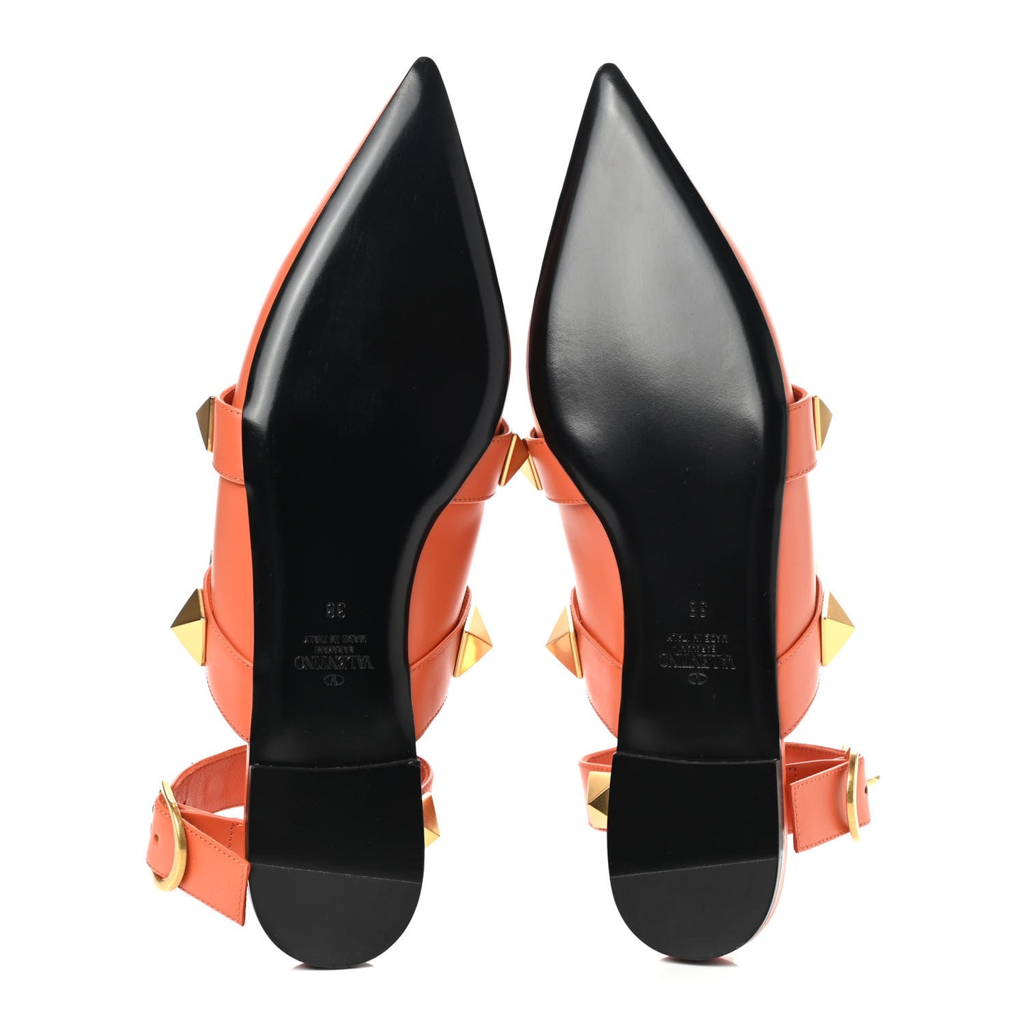 Calfskin Roman Stud Ankle Strap Flat Mules 38 Orange Zest