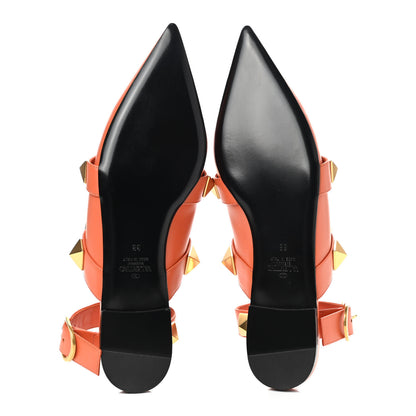Valentino Garavani Calfskin Roman Stud Ankle Strap Flat Mules 38 Orange Zest 5 of 11