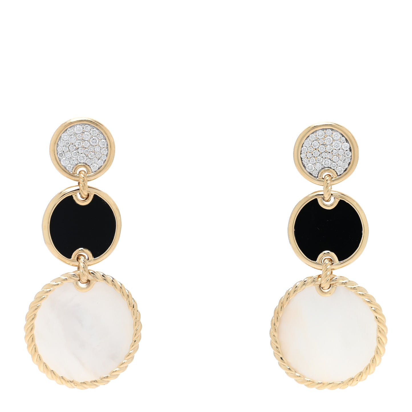18K Yellow Gold Diamond Mother of Pearl Black Onyx Elements Triple Drop Earrings