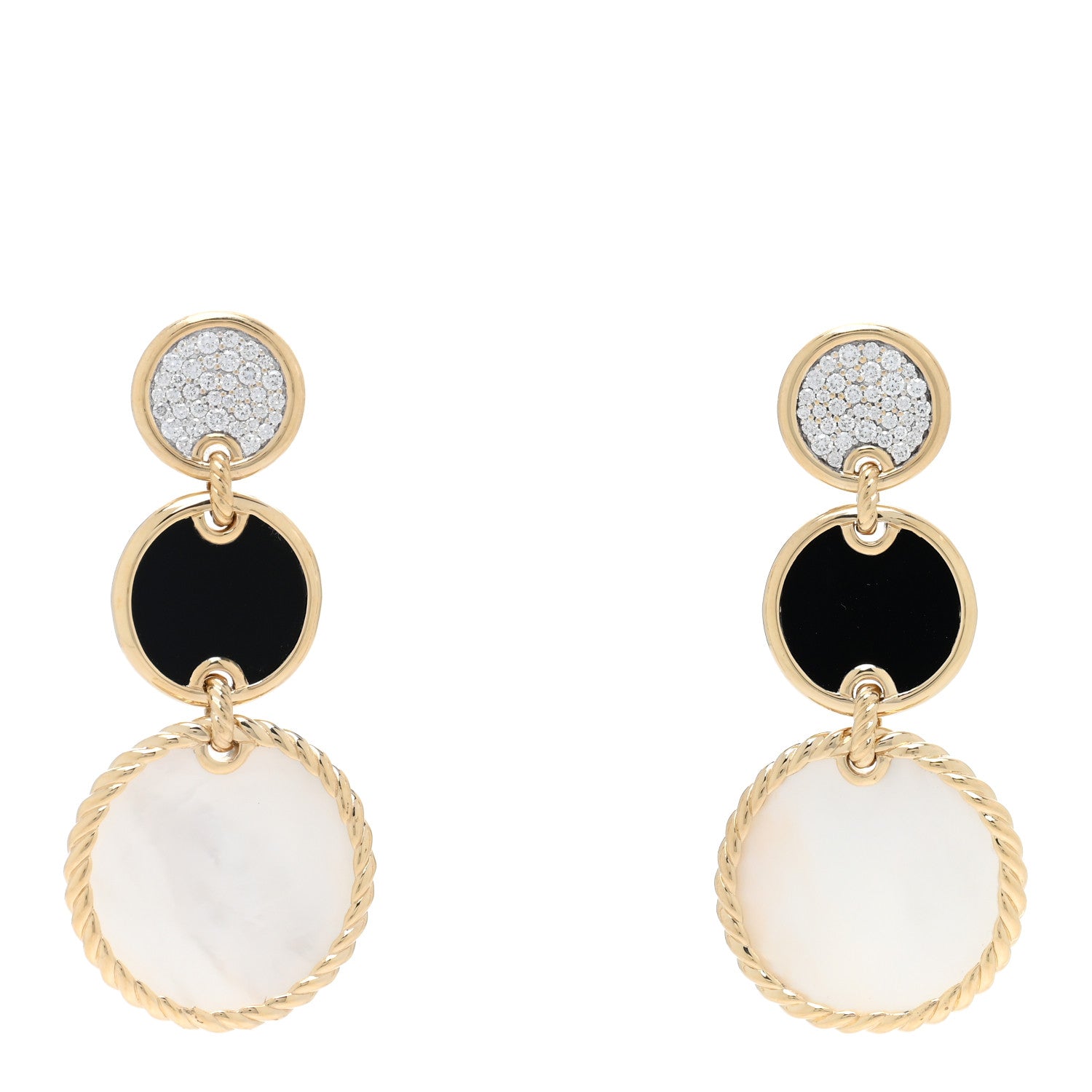 David Yurman 18K Yellow Gold Diamond Mother of Pearl Black Onyx Elements Triple Drop Earrings 1 of 4