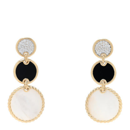 David Yurman 18K Yellow Gold Diamond Mother of Pearl Black Onyx Elements Triple Drop Earrings 1 of 4