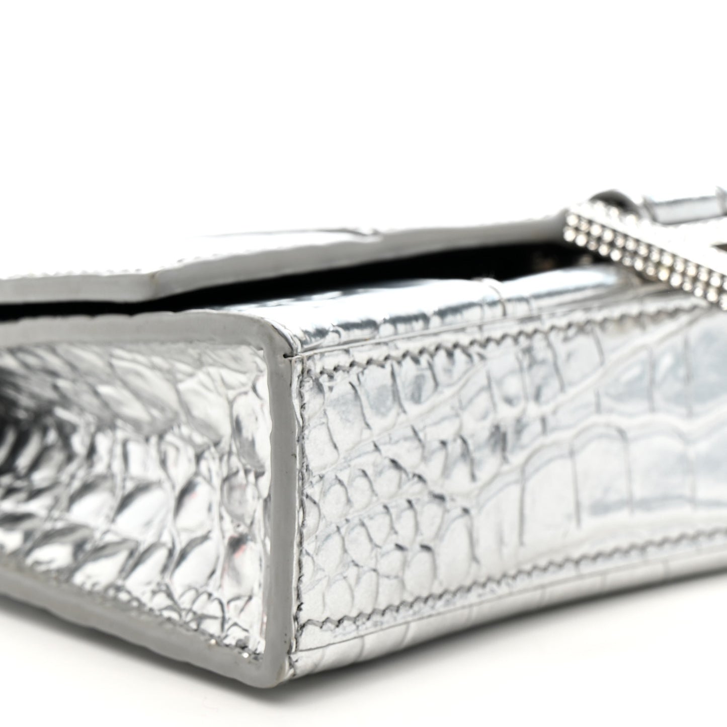 Metallic Calfskin Crocodile Embossed Hourglass Chain Bag Silver