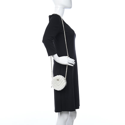Chanel Fur Chevron Quilted Round Clutch With Chain White 2 of 11