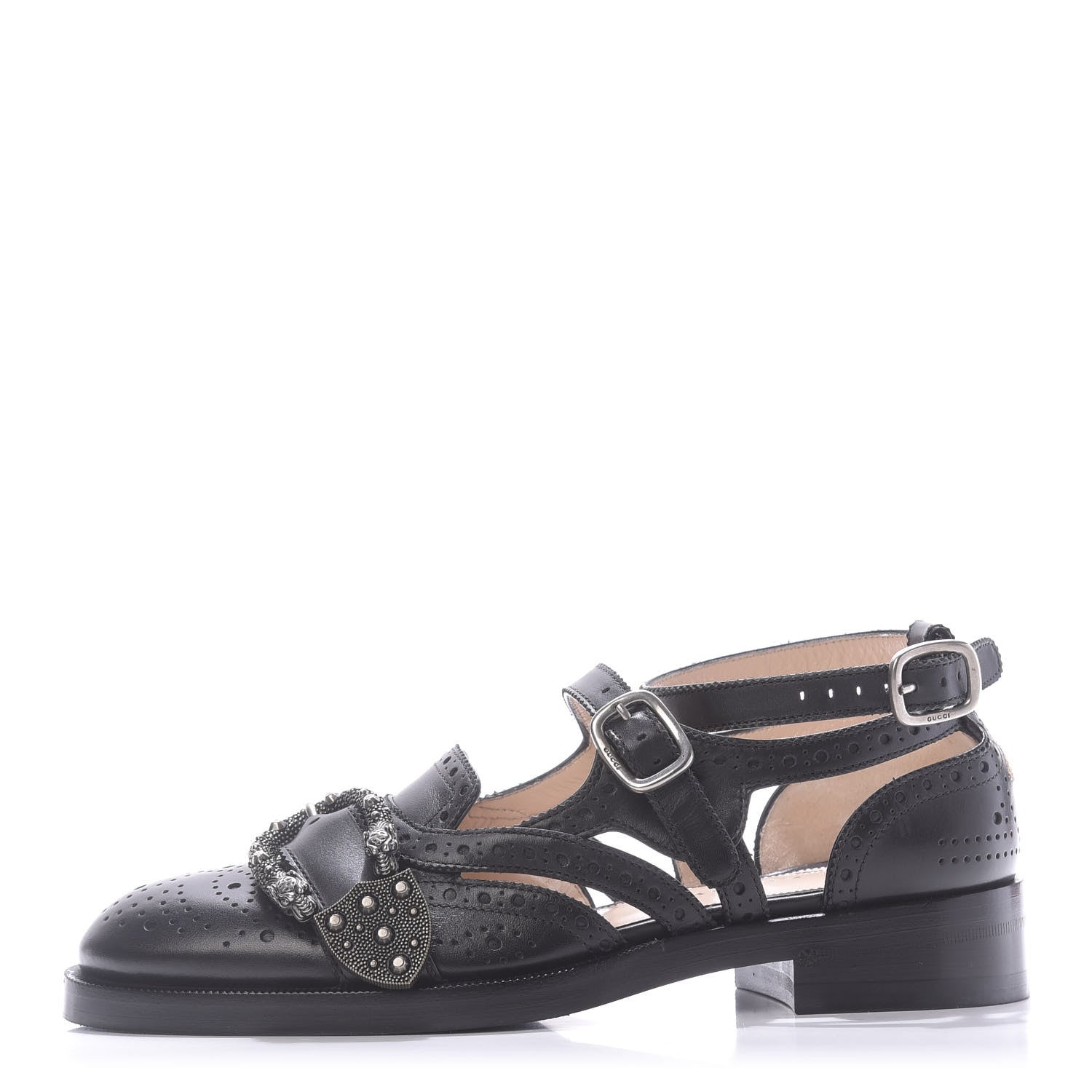 Gucci Calfskin Bee Embroidered Womens Queercore Brogue Wingtip Monk Strap Loafers 37.5 Black 1 of 10