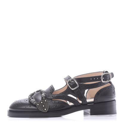 Gucci Calfskin Bee Embroidered Womens Queercore Brogue Wingtip Monk Strap Loafers 37.5 Black 1 of 10