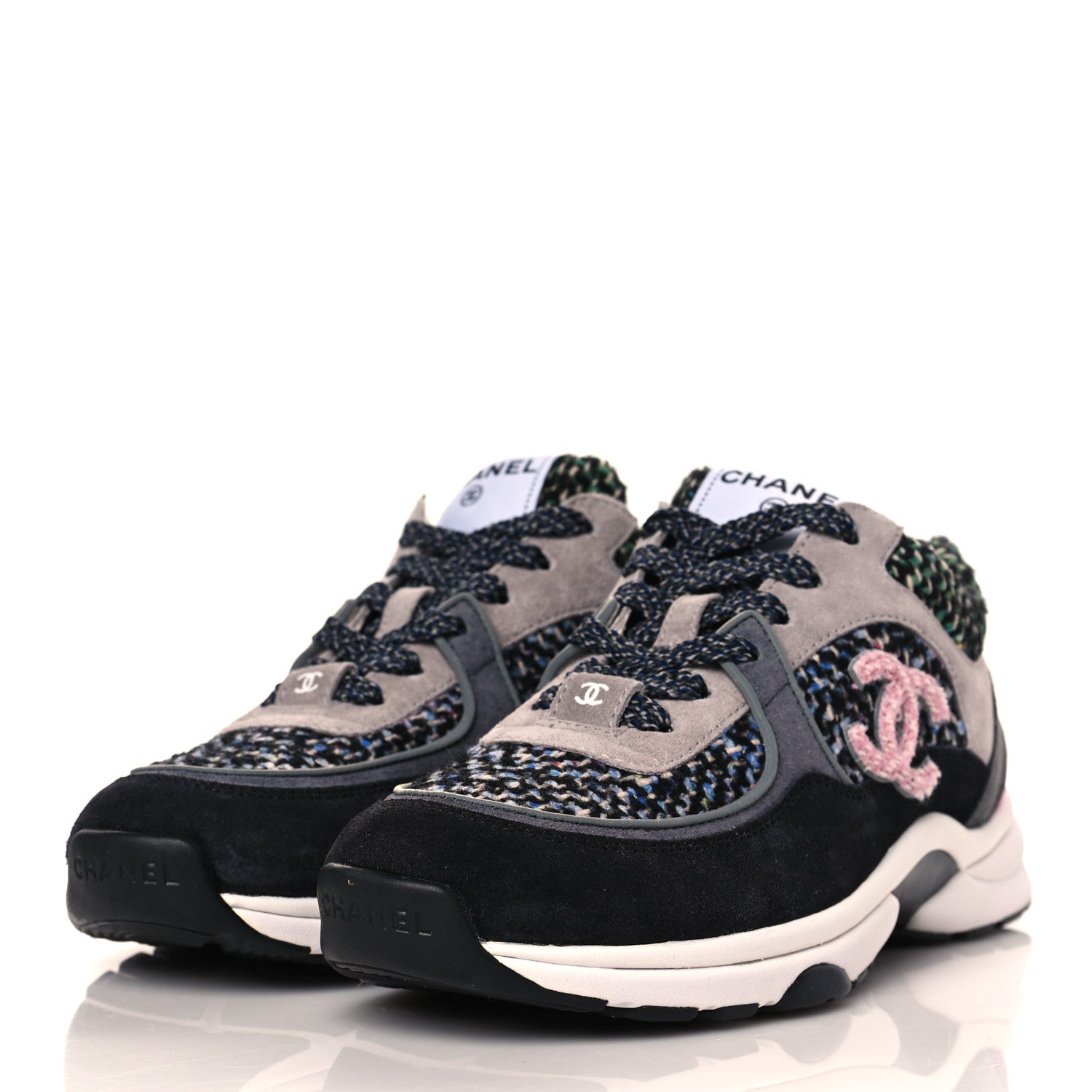 Chanel Tweed Suede CC Sneakers 36.5 Grey Pink Multicolor 3 of 8