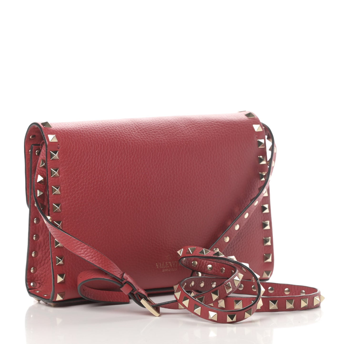 Pebbled Calfskin Medium Rockstud Flip Lock Crossbody Bag Red