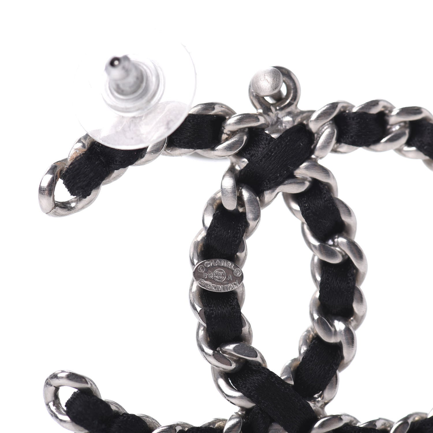 Chanel Satin CC Chain Earrings Silver Black 4 of 4