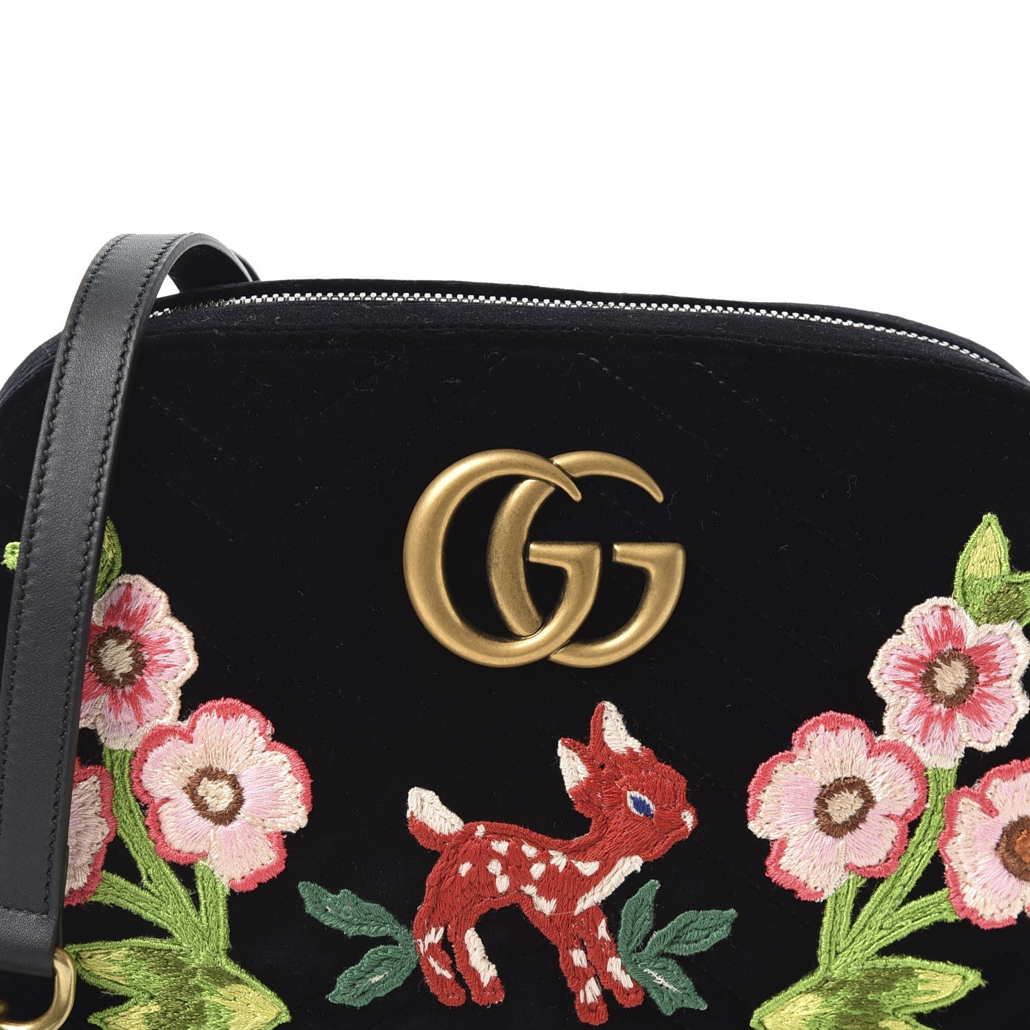 Gucci Velvet Matelasse Deer Embroidered Small GG Marmont Chain Shoulder Bag Black 9 of 9