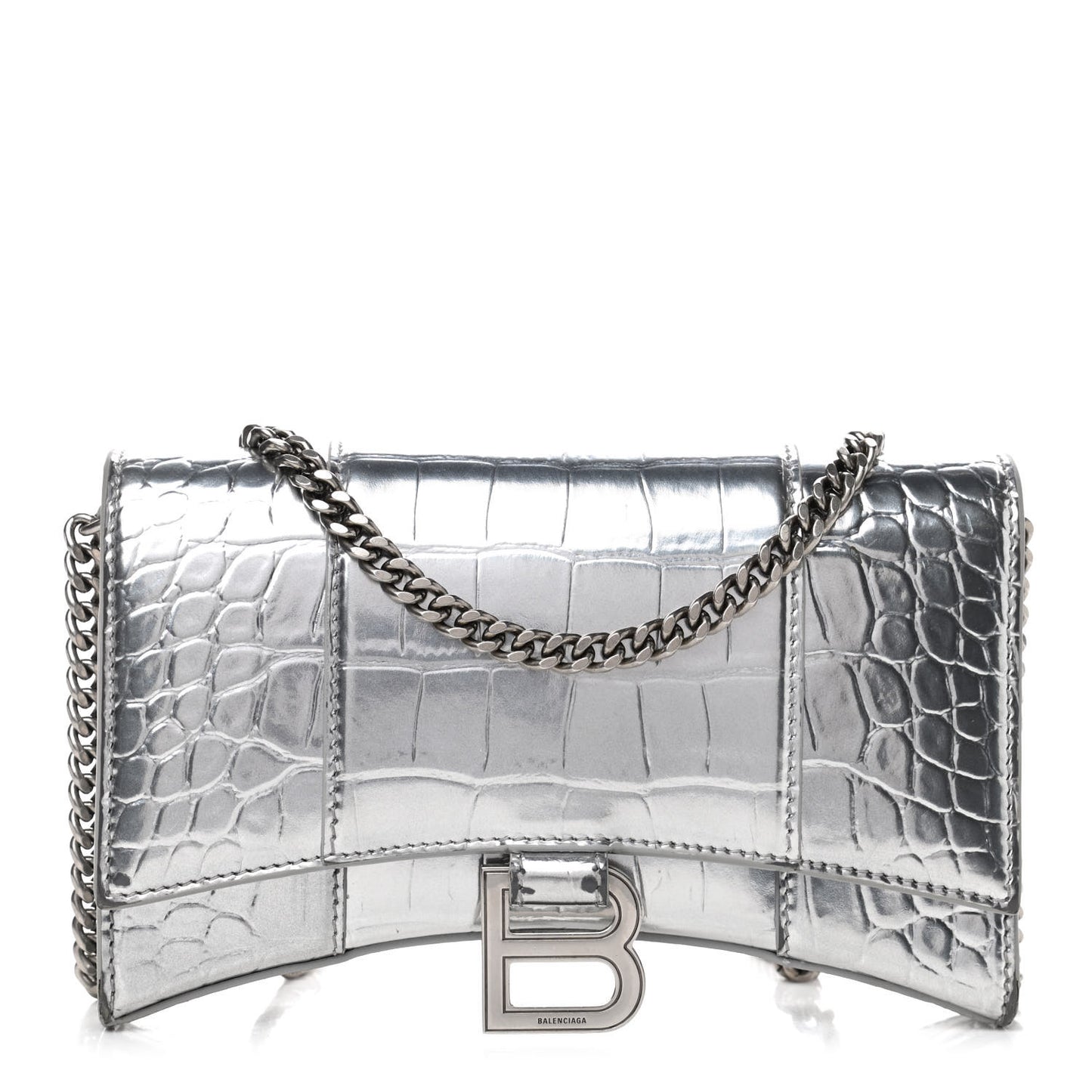 Metallic Calfskin Crocodile Embossed Hourglass Chain Bag Silver